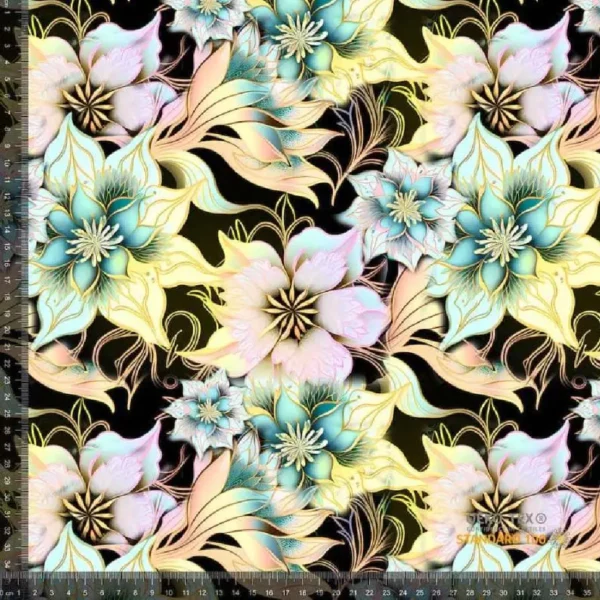 futuristisk blomster sort baggrund- Jersey print. delikate blomster i pastel farver